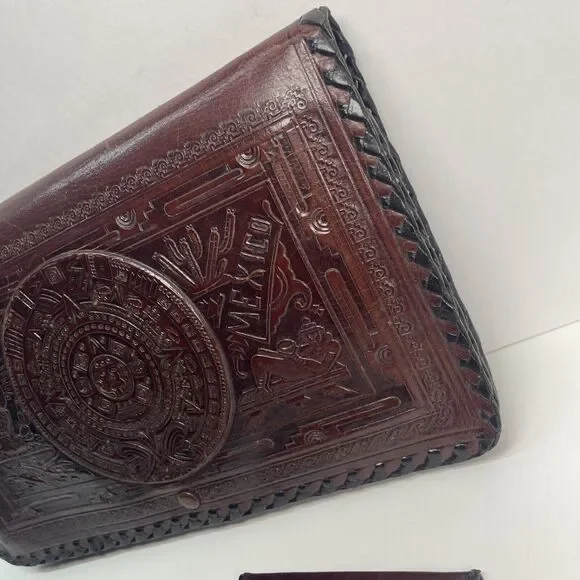 Wallet Fold Hand Tooled Leather Embossed Aztec Stamped Mexico Brown 12x7.5in WOW
